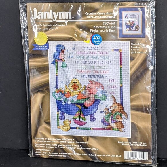 NEW Janlynn Bathtime Rules Cross Stitch Kit 80-441 Pig & Duck in Tub Sealed - Picture 6 of 6